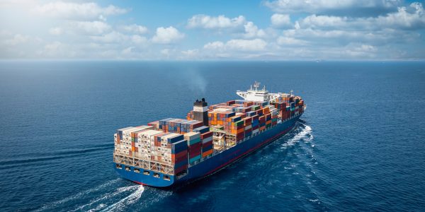 A large container cargo ship travels over calm, blue ocean